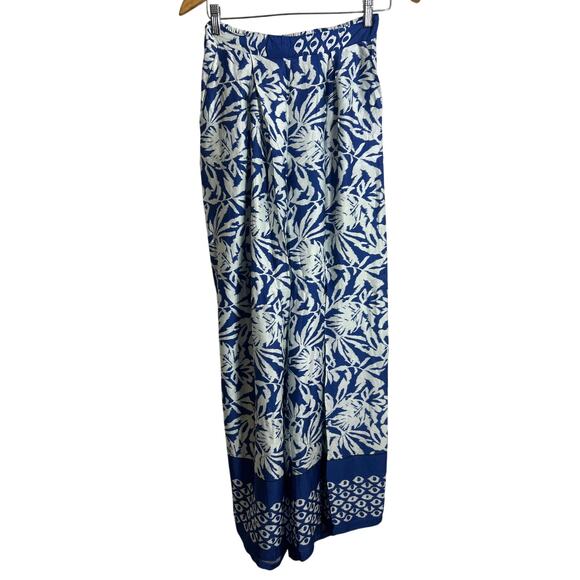 B.Yu Palazzo Pants Small Blue White Geometric Print Extra Wide Leg Satin Silky - Picture 1 of 10